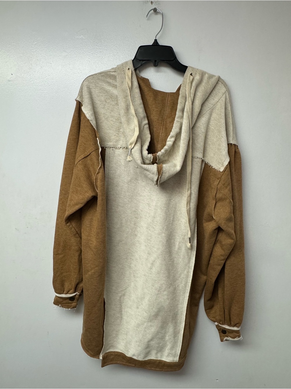 POL Oversized Hooded Shacket Jacket Large Brown Cream Colorblock Raw Hem Boho C - Picture 4 of 10